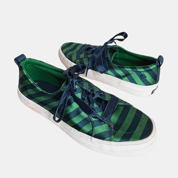 SPERRY Shoes - Sperry Top Sider Shoes Crest Vibe Varsity Stripe Satin Sneaker Navy/Green Stripe